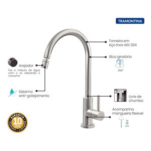 Torneira Bancada Arko Aço Inox com sistema anti-gotejamento Tramontina