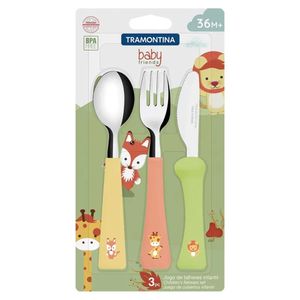 Jogo de Talheres Infantil Baby Friends Lâminas de Aço Inox e Cabos de Polipropileno Colorido 03 Peças Tramontina