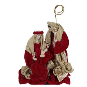 Enfeite Natalino Sacra 3 Figuras Vermelho e Dourado Flor Arte
