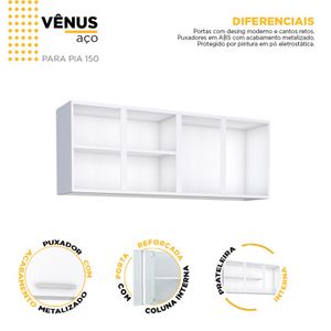 Armário Aéreo Cozinha 150 cm em Aço Vênus 4 Portas Branco Cozimax