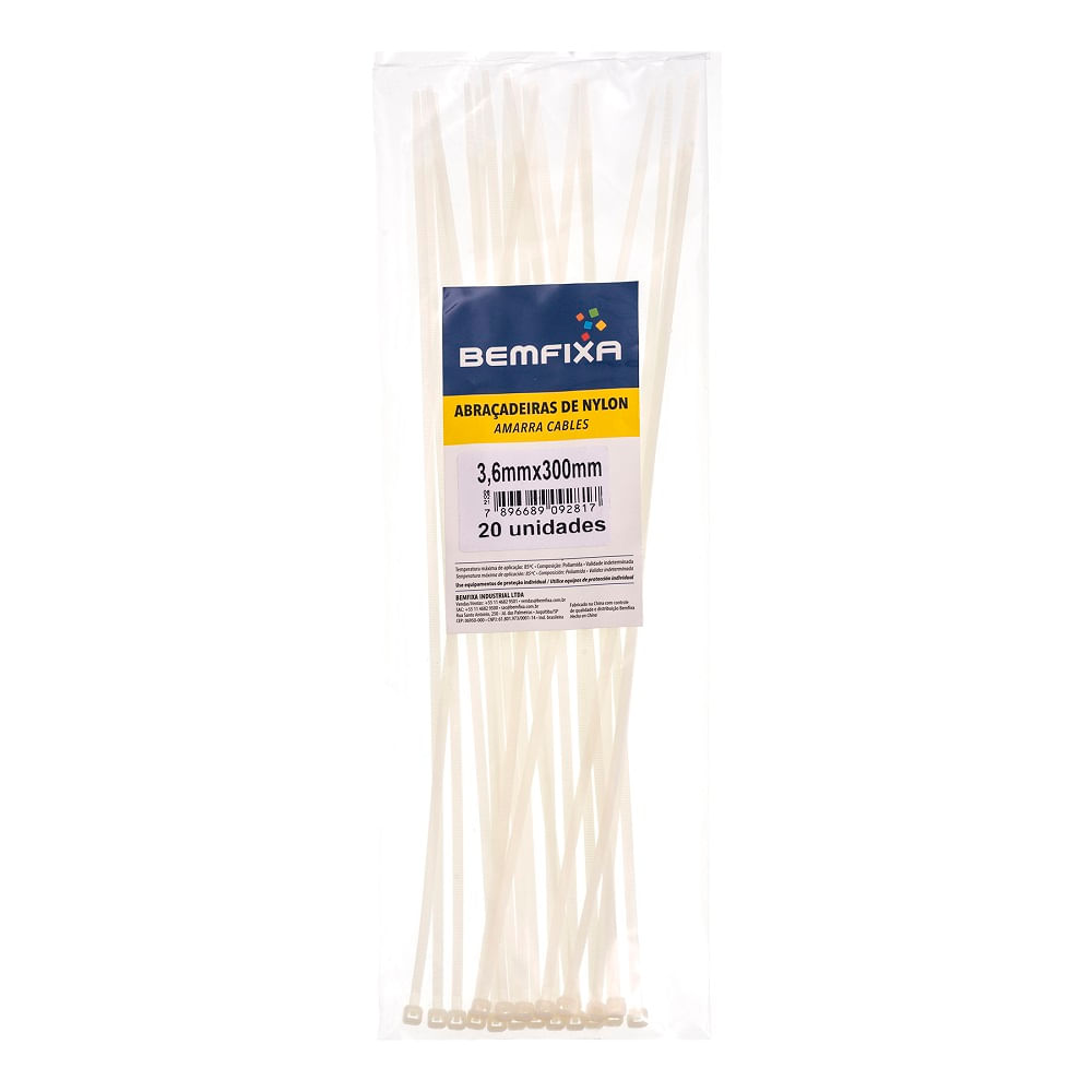 ABRACADEIRA DE NYLON 3,6X300 MM NATURAL 20 PCS BEMFIXA